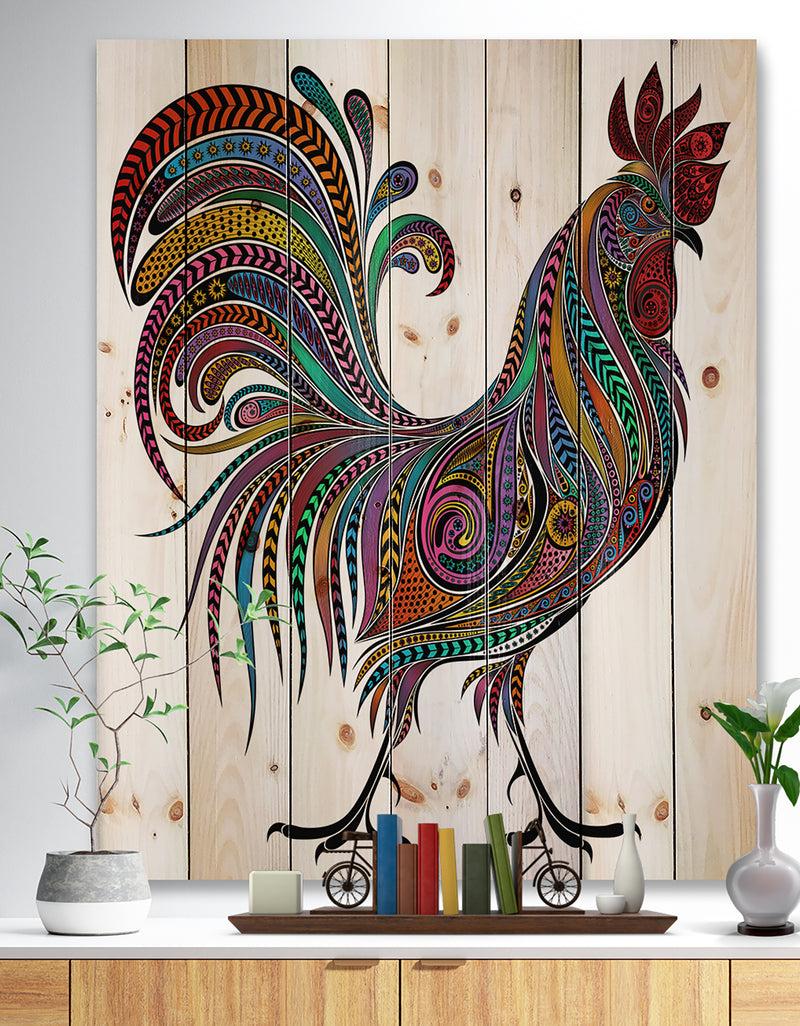 designq 2017 Colored Patterns Rooster - Farmhouse Animal Painting Print on Natural Pine Wood