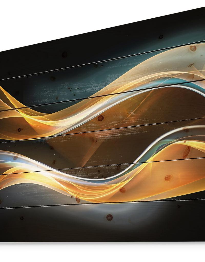 Designq 3D Gold Waves In Black - Abstract Print On Natural Pine Wood
