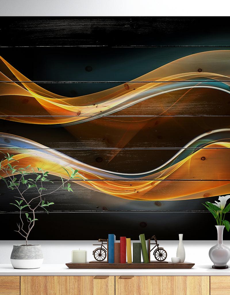 designq 3D Gold Waves in Black - Abstract Print on Natural Pine Wood