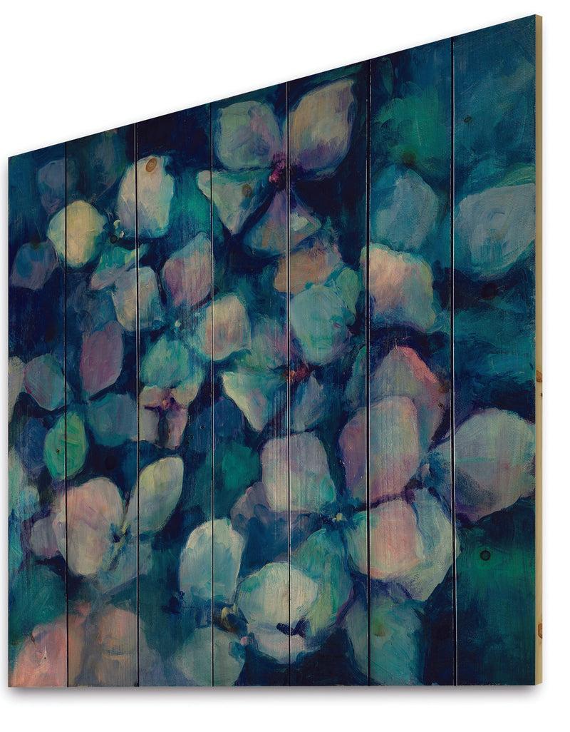 Designq Abstract Blue Flower Petals - Traditional Print On Natural Pine Wood