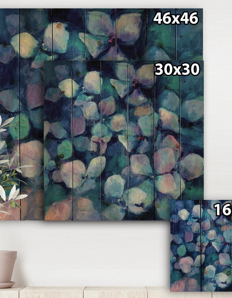 Designq Abstract Blue Flower Petals - Traditional Print On Natural Pine Wood