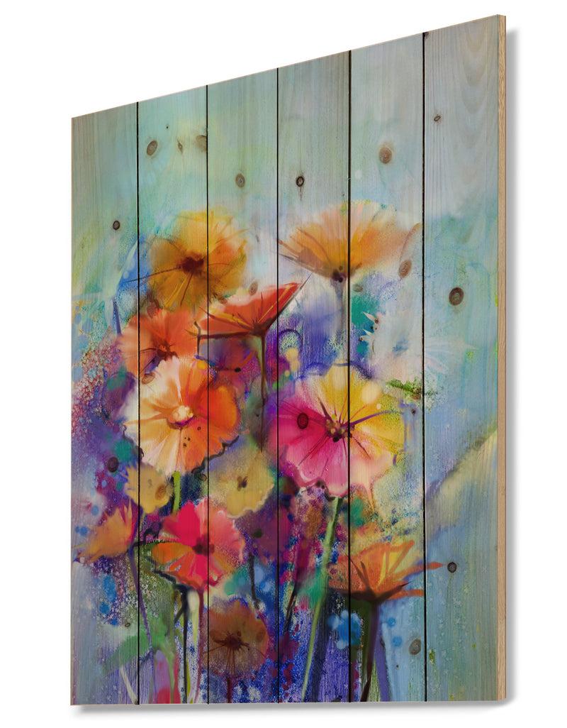 Designq Abstract Floral Watercolor Painting - Floral Print On Natural Pine Wood