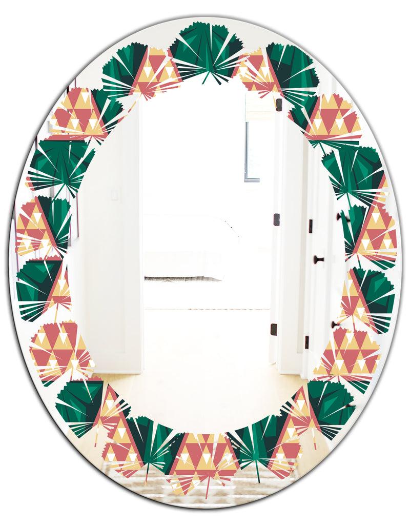 Designq Abstract Geometric Retro II - Modern Round Or Oval Wall Mirror - Leaves