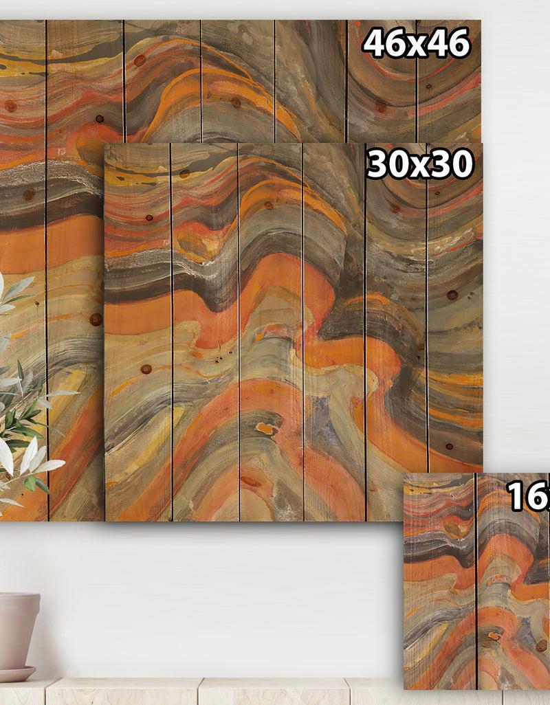 Designq Abstract Gilded Orange Waves - Contemporary Print On Natural Pine Wood