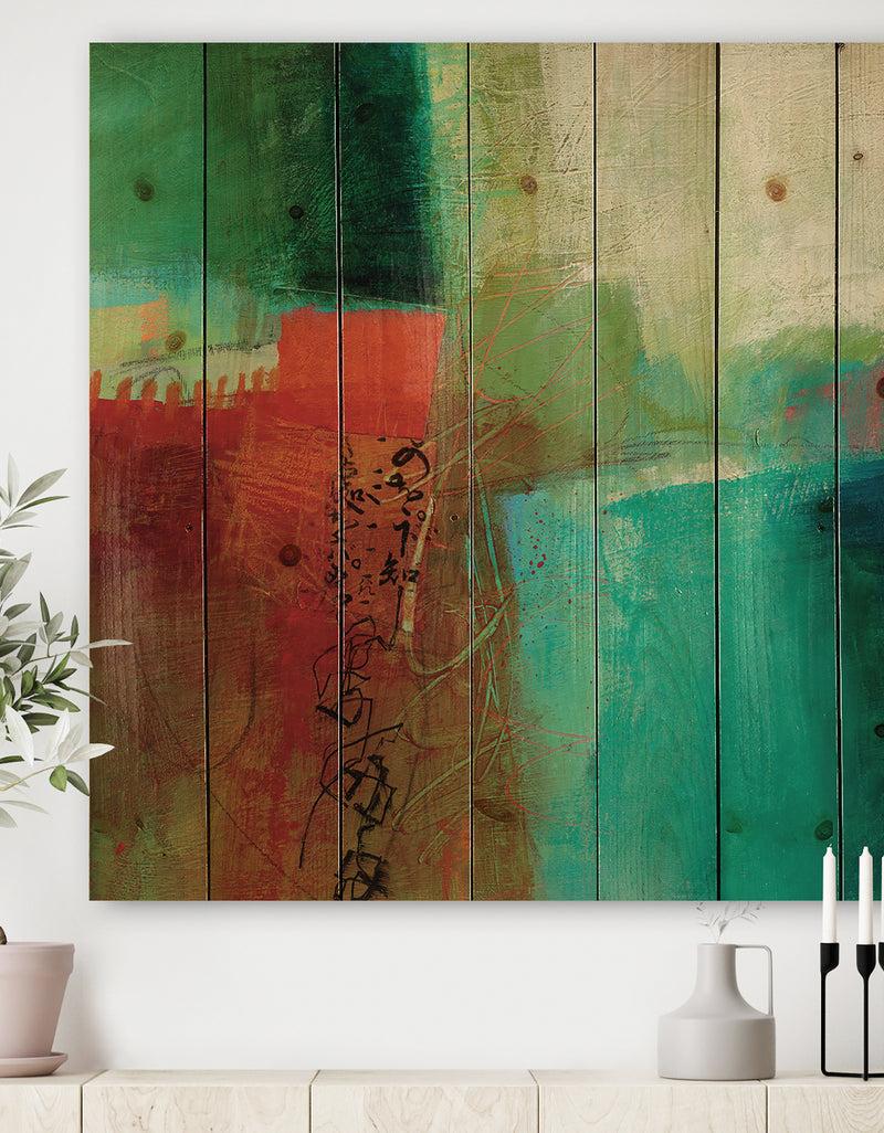 designq Abstract Impression Of Watercolor Blue And Red - Contemporary Print on Natural Pine Wood