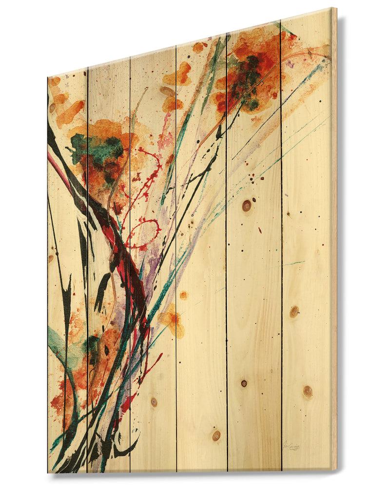 Designq Abstract Orange Flowers - Traditional Print On Natural Pine Wood