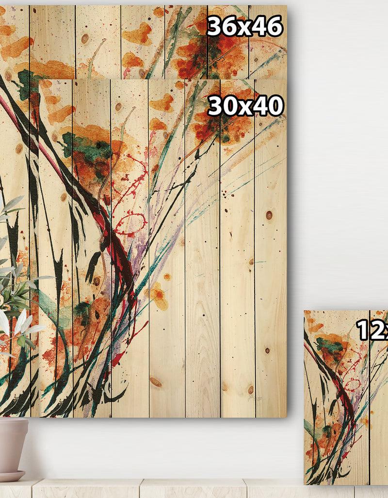 Designq Abstract Orange Flowers - Traditional Print On Natural Pine Wood