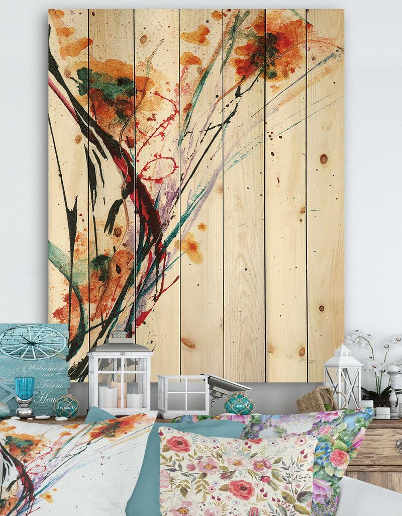 designq Abstract Orange Flowers - Traditional Print on Natural Pine Wood