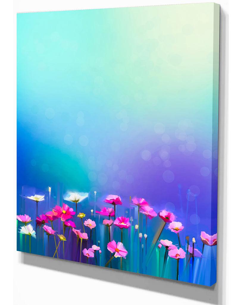 Designq Abstract Pink Cosmos And Daisy Flower - Floral Painting Print On Wrapped Canvas