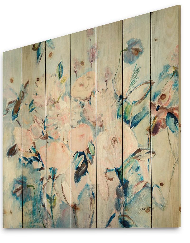 Designq Abstract Pink Flowers Farmhouse Waterpainting - Farmhouse Print On Natural Pine Wood