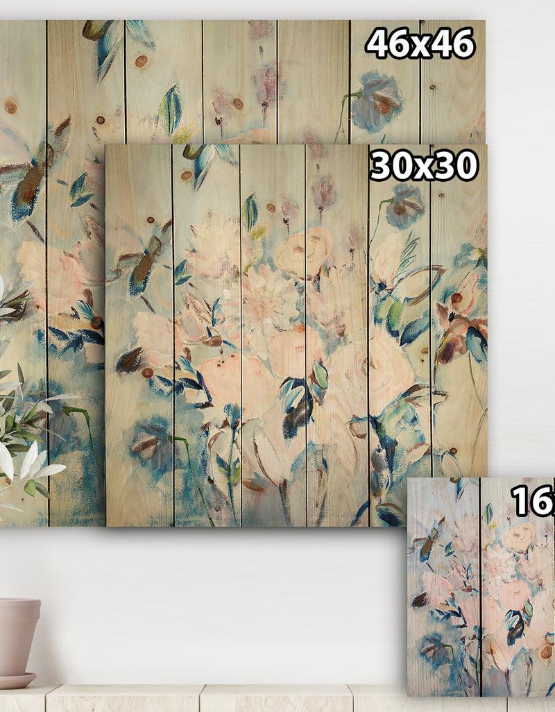 Designq Abstract Pink Flowers Farmhouse Waterpainting - Farmhouse Print On Natural Pine Wood