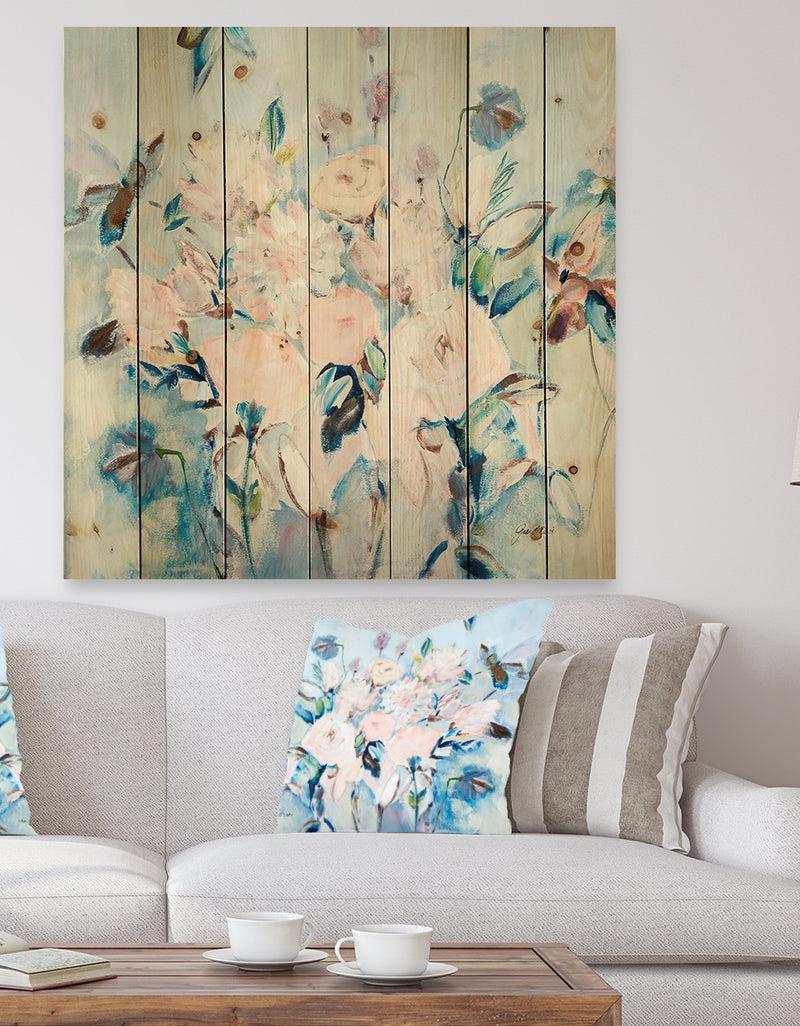 designq Abstract Pink Flowers Farmhouse Waterpainting - Farmhouse Print on Natural Pine Wood