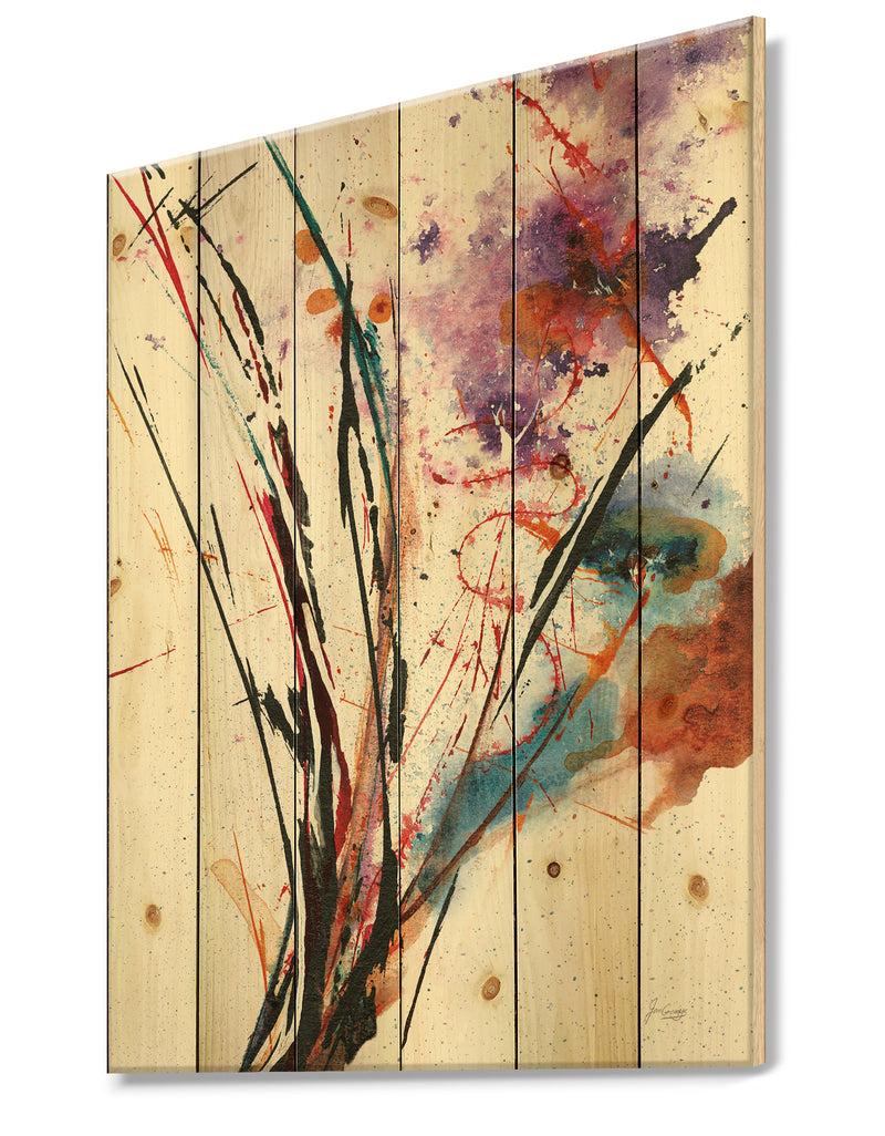 Designq Abstract Purple And Blue Flowers - Traditional Print On Natural Pine Wood