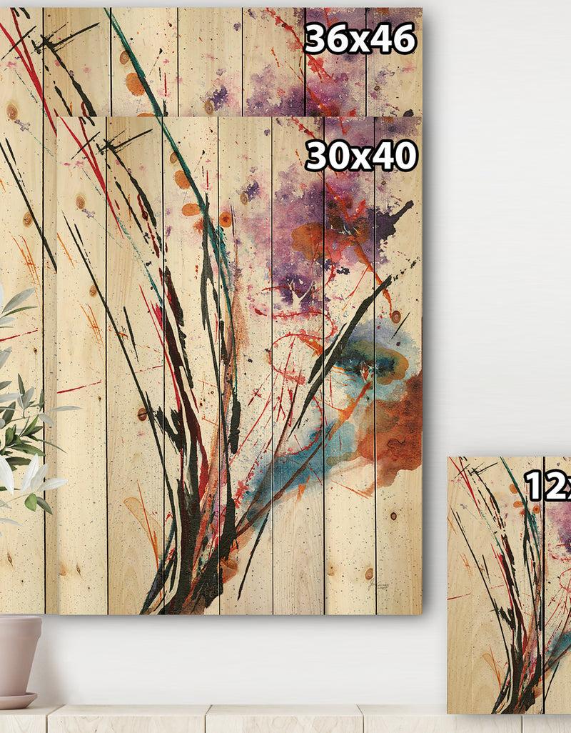 Designq Abstract Purple And Blue Flowers - Traditional Print On Natural Pine Wood