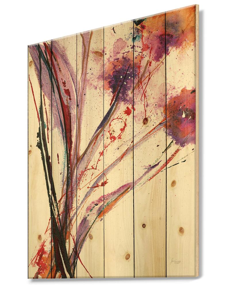 Designq Abstract Purple Flowers - Traditional Print On Natural Pine Wood
