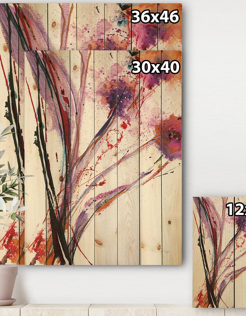 Designq Abstract Purple Flowers - Traditional Print On Natural Pine Wood