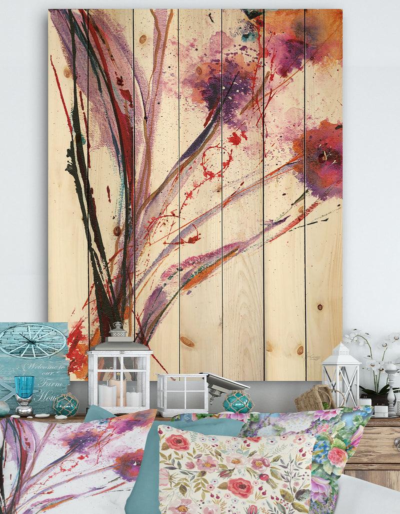designq Abstract Purple Flowers - Traditional Print on Natural Pine Wood