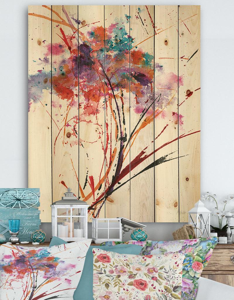 designq Abstract Red Flowers - Traditional Print on Natural Pine Wood