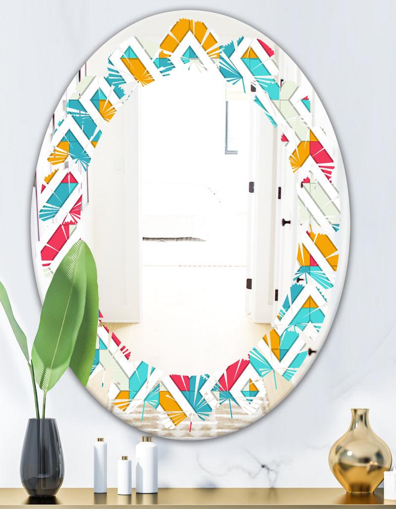 Designq Abstract Retro Geometry I - Modern Round Or Oval Wall Mirror - Leaves