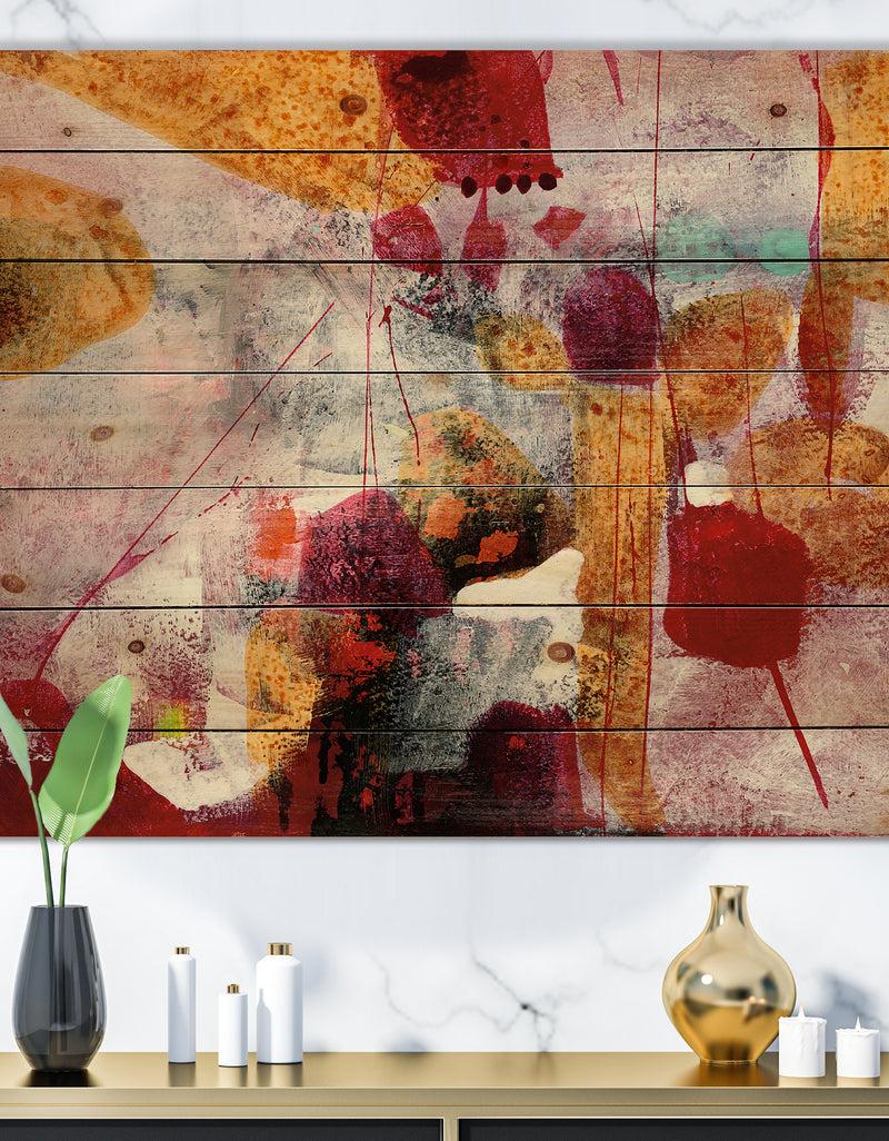 designq Abstract Watercolor with Red and Yellow - Contemporary Print on Natural Pine Wood