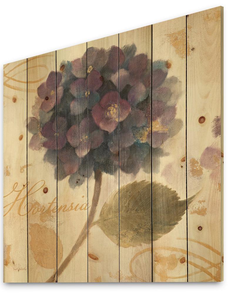 Designq Abundant Hydrangea Flower I - Floral Cottage Print On Natural Pine Wood