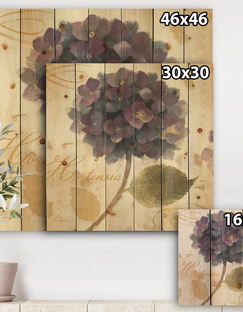 Designq Abundant Hydrangea Flower I - Floral Cottage Print On Natural Pine Wood