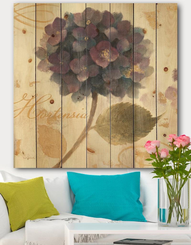 designq Abundant Hydrangea Flower I - Floral Cottage Print on Natural Pine Wood