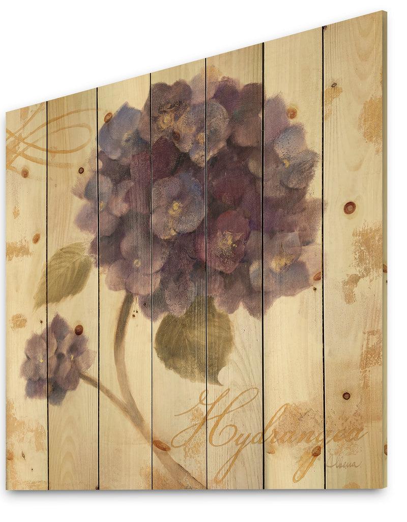 Designq Abundant Hydrangea Flower II - Floral Cottage Print On Natural Pine Wood