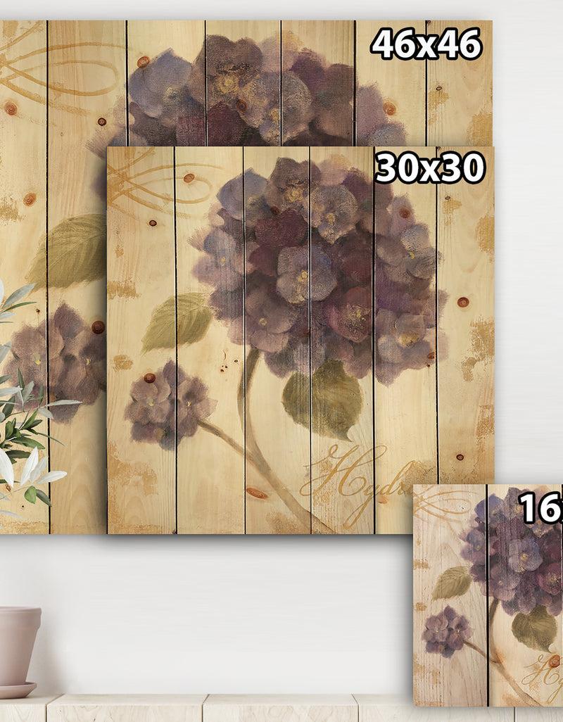 Designq Abundant Hydrangea Flower II - Floral Cottage Print On Natural Pine Wood