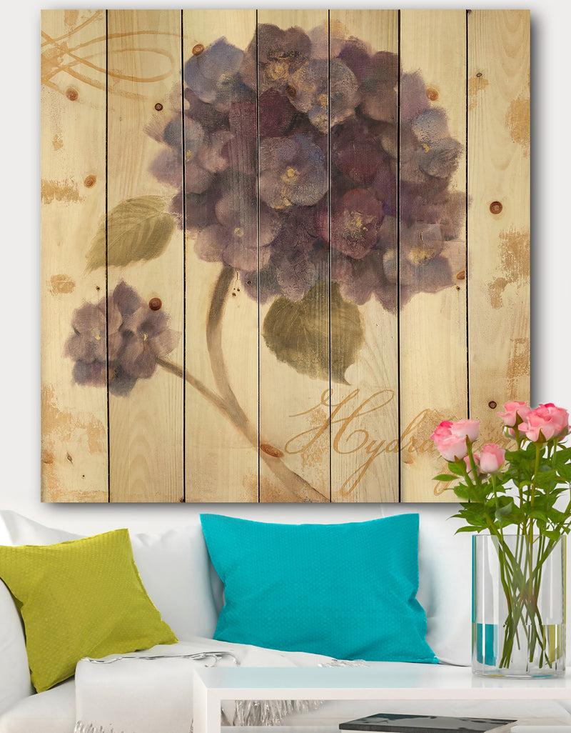 designq Abundant Hydrangea Flower II - Floral Cottage Print on Natural Pine Wood