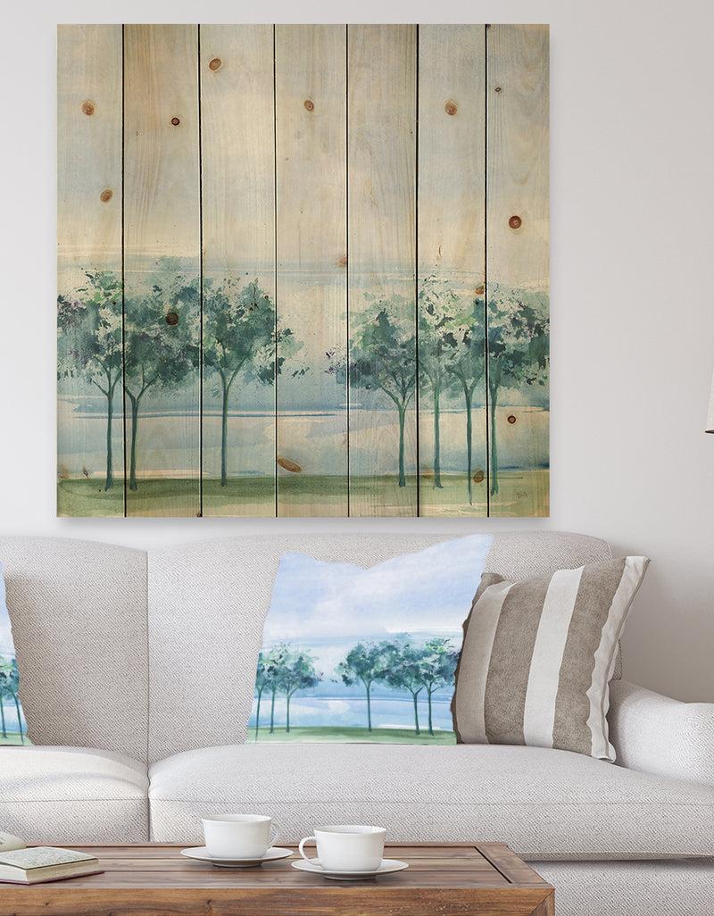 designq Across the Lake VI - Lake House Print on Natural Pine Wood