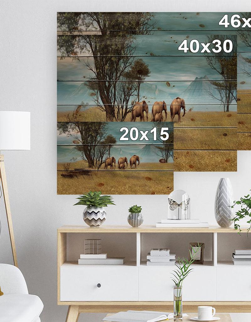 Designq African Elephants Panorama - African Print On Natural Pine Wood