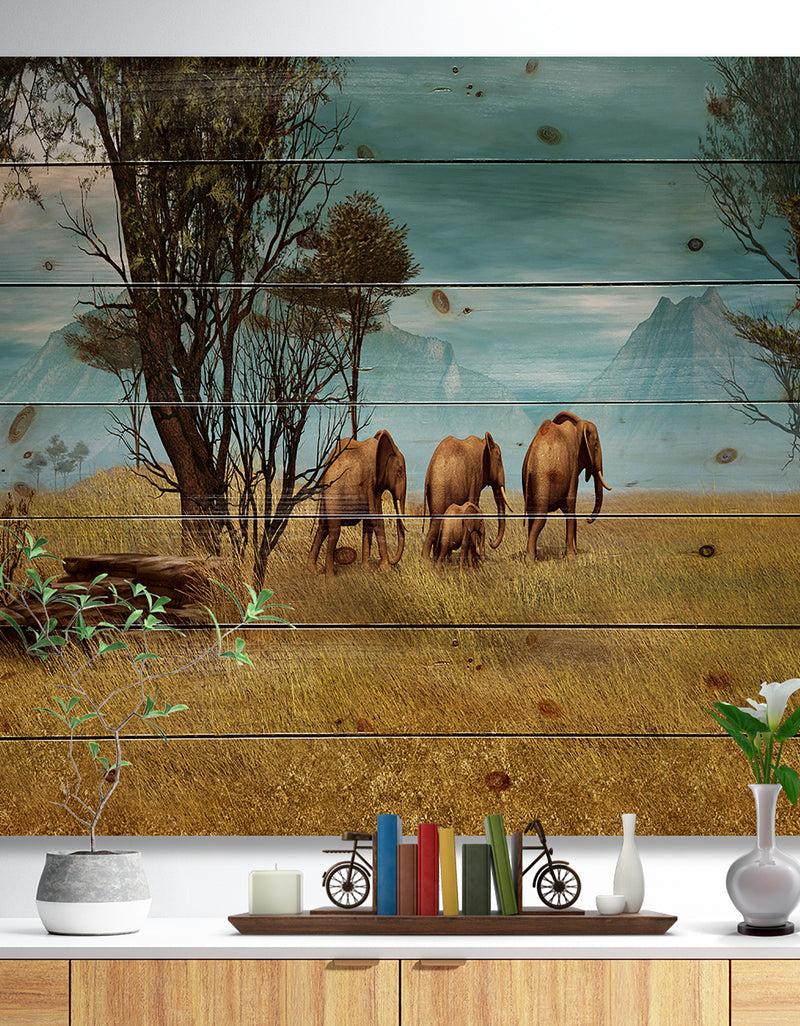 designq African Elephants Panorama - African Print on Natural Pine Wood
