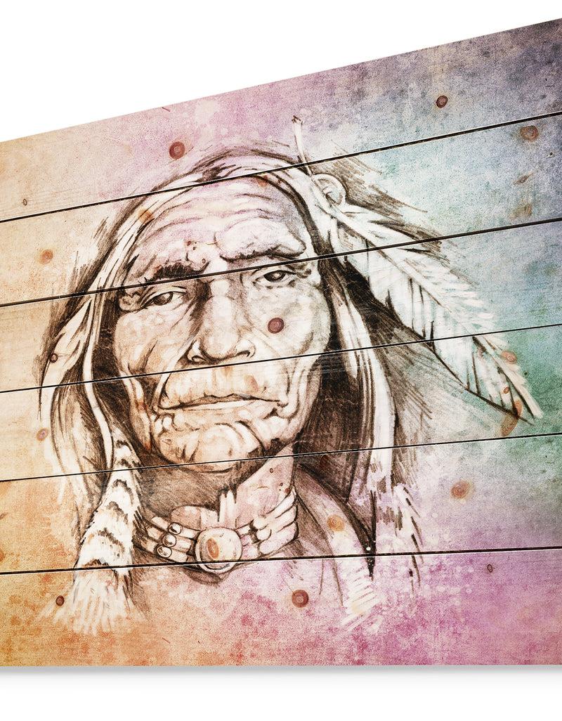 Designq American Indian Head - Portrait Print On Natural Pine Wood