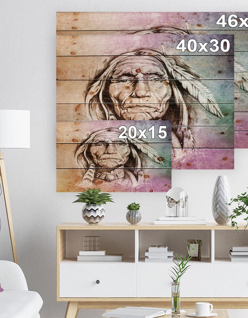 Designq American Indian Head - Portrait Print On Natural Pine Wood