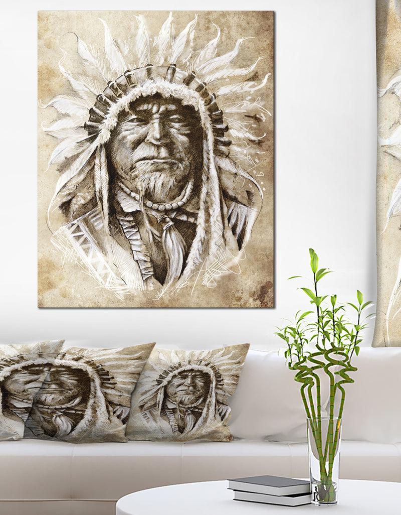 designq American Indian Head Tattoo Sketch - 16x32 Portrait Canvas Print
