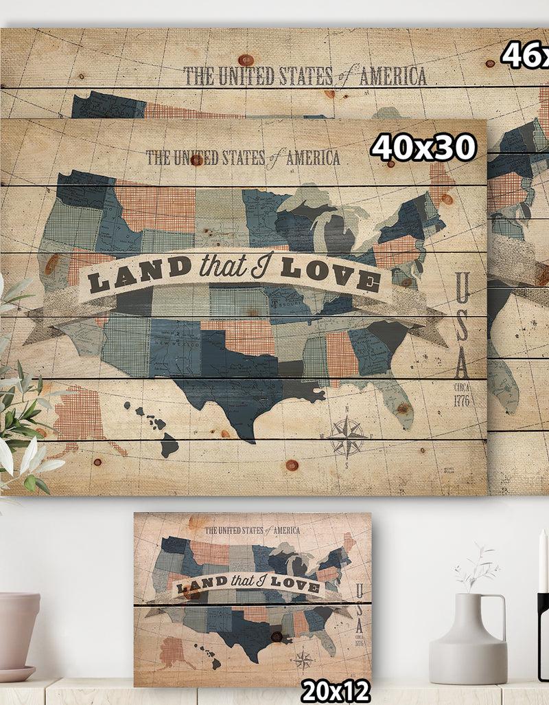 Designq American Map Watercolor - Map Print On Natural Pine Wood