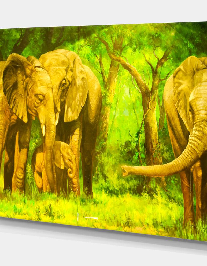 Designq An Elephant In Woods - Animals Painting Print On Wrapped Canvas