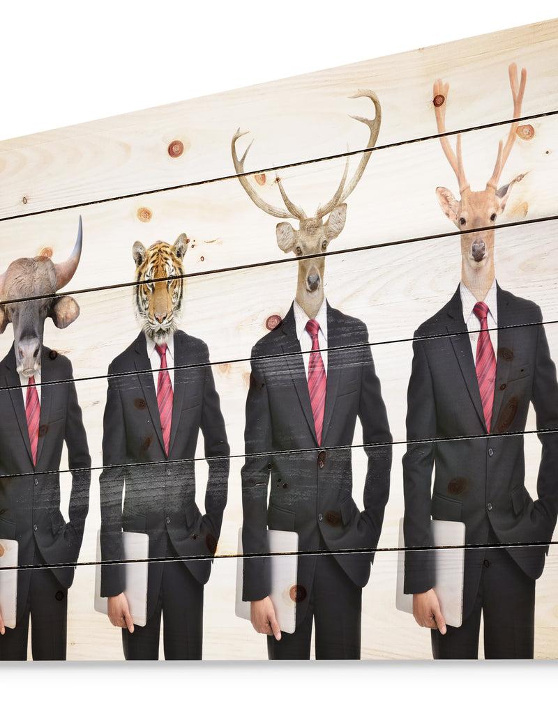 Designq Animals In Americana Suit - Animals Photography Print On Natural Pine Wood