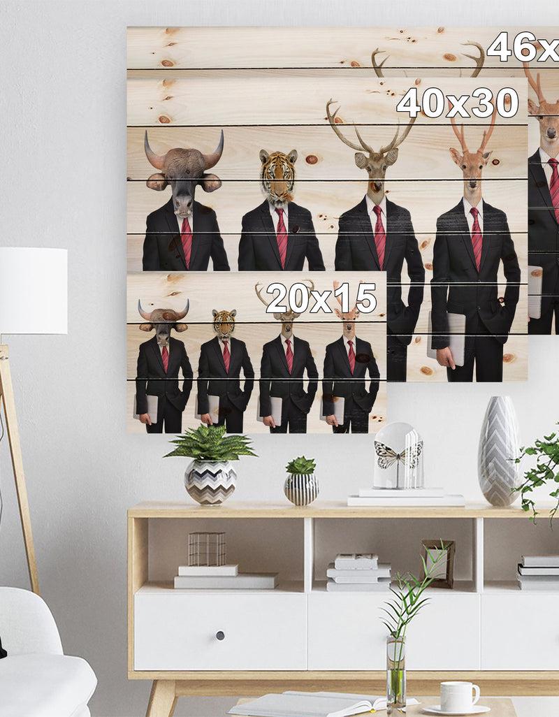Designq Animals In Americana Suit - Animals Photography Print On Natural Pine Wood