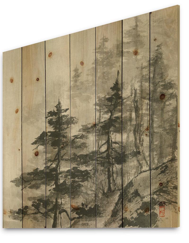 Designq Asian Forest - Cabin & Lodge Print On Natural Pine Wood