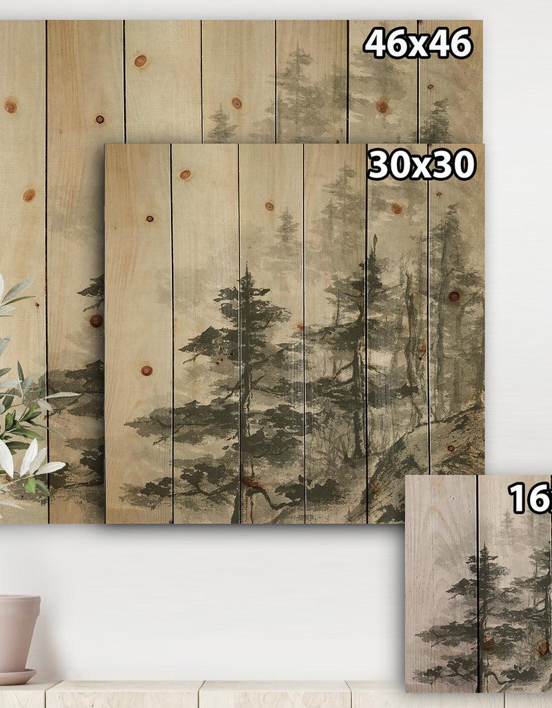 Designq Asian Forest - Cabin & Lodge Print On Natural Pine Wood