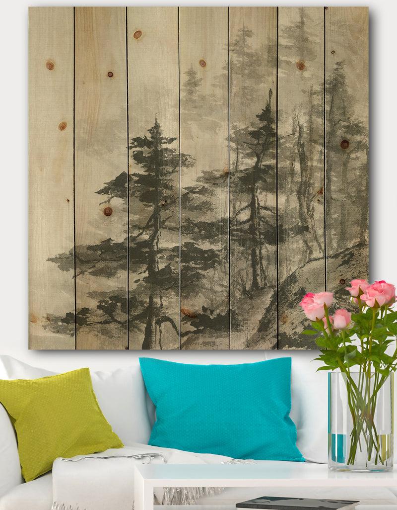 designq Asian Forest - Cabin & Lodge Print on Natural Pine Wood