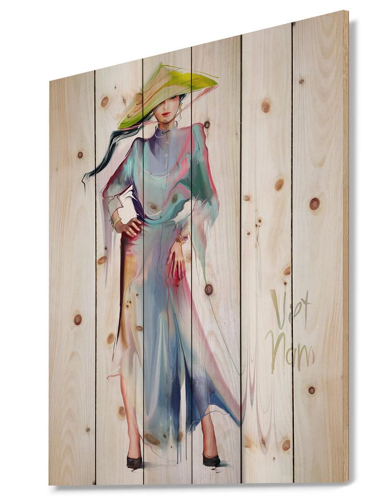 Designq Asian Women In Blue Dress - Digital Art Portrait Print On Natural Pine Wood