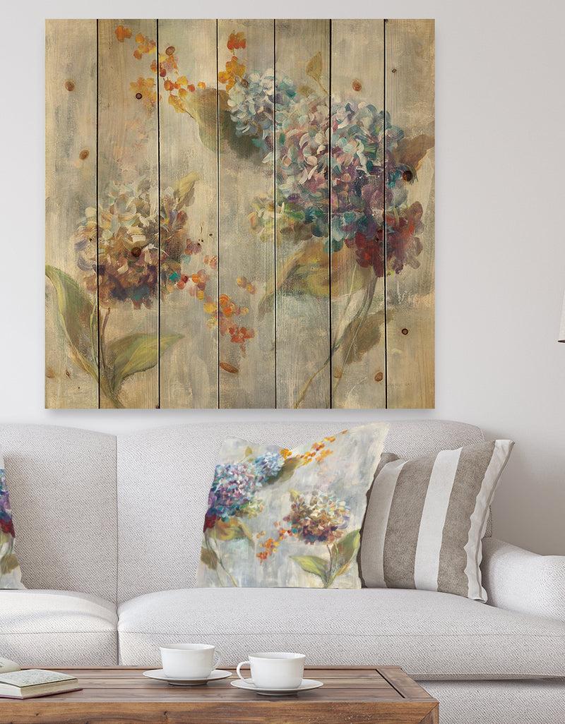 designq Autumn Hydrangea - Traditional Print on Natural Pine Wood