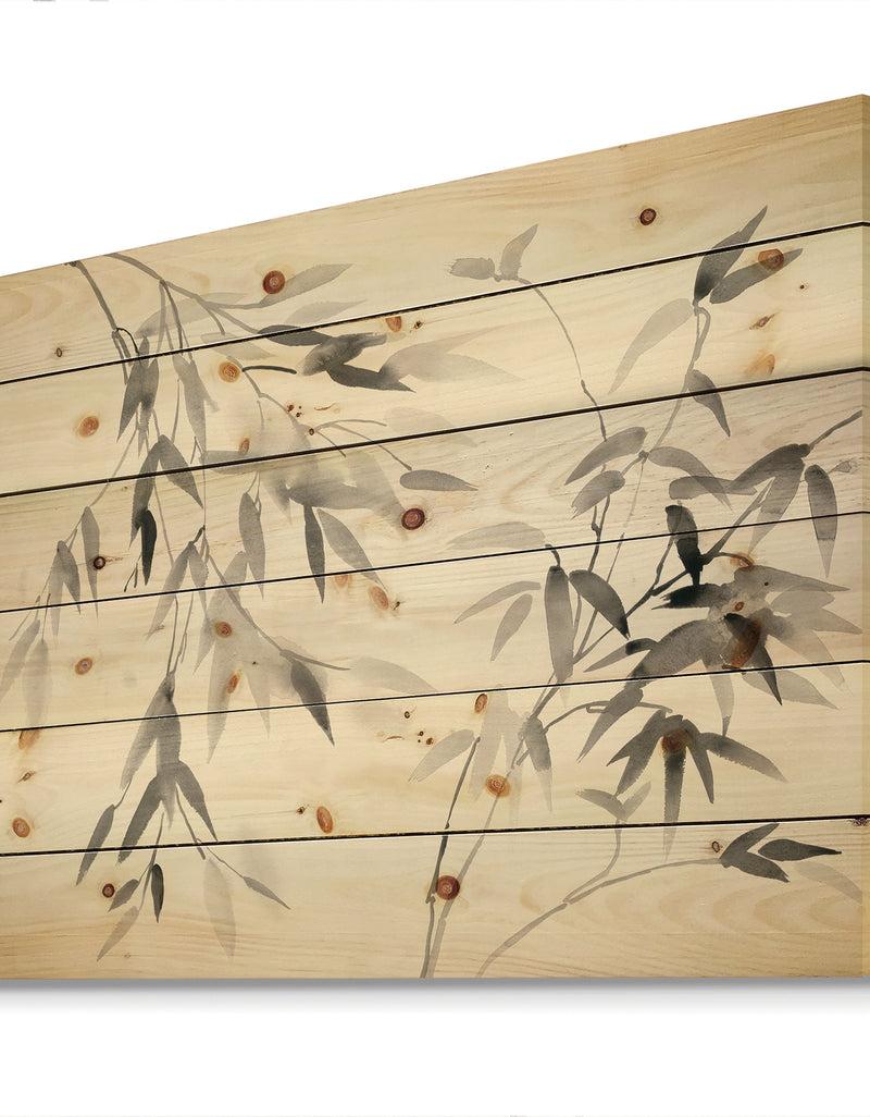 Designq Bamboo Leaves II - Farmhouse Print On Natural Pine Wood