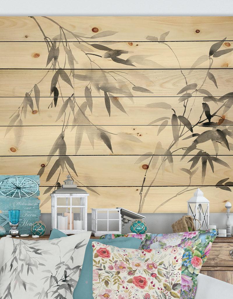 designq Bamboo Leaves II - Farmhouse Print on Natural Pine Wood