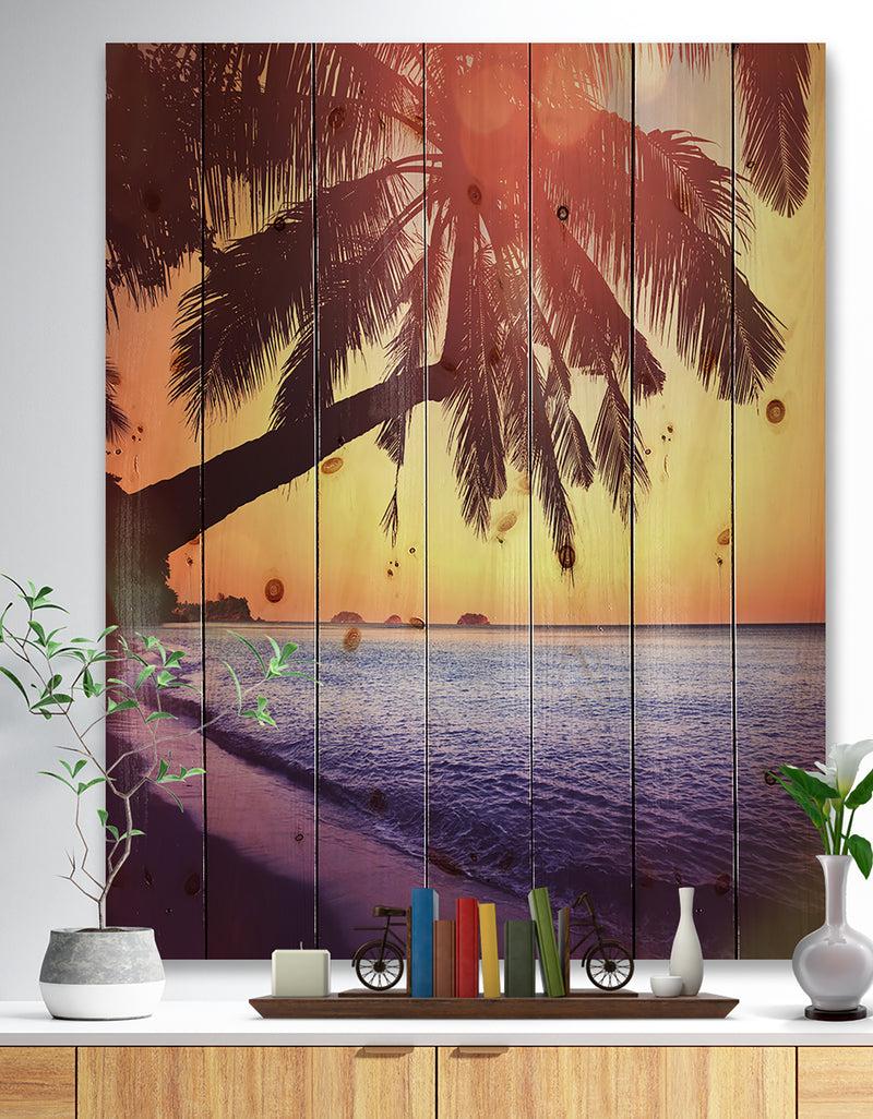 designq Beach with Silhouettes of Palms - Seashore Print on Natural Pine Wood