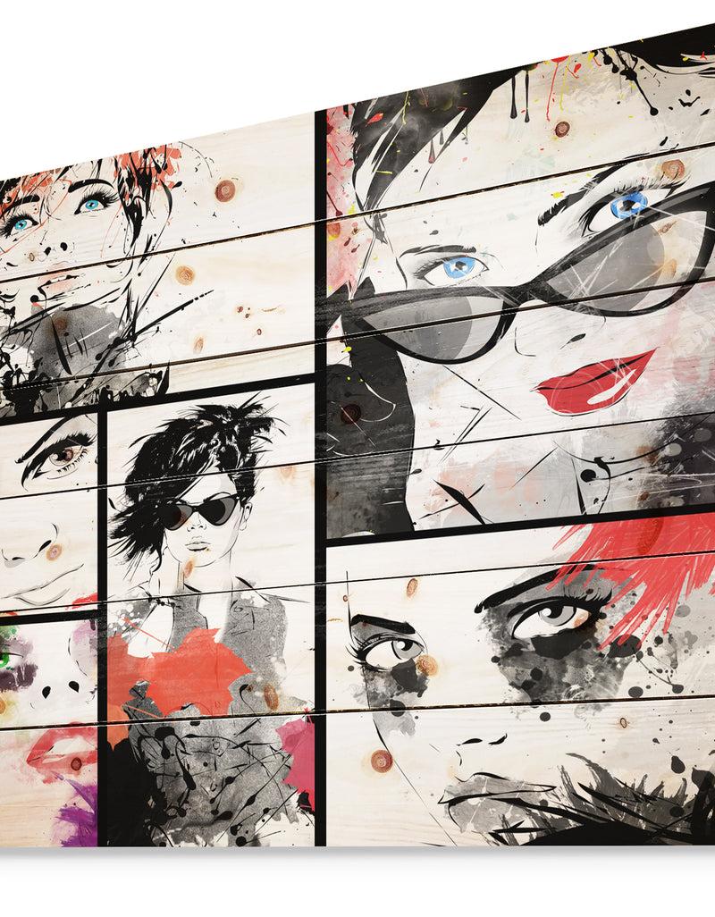 Designq Beautiful Faces Collage - Abstract Portrait Print On Natural Pine Wood