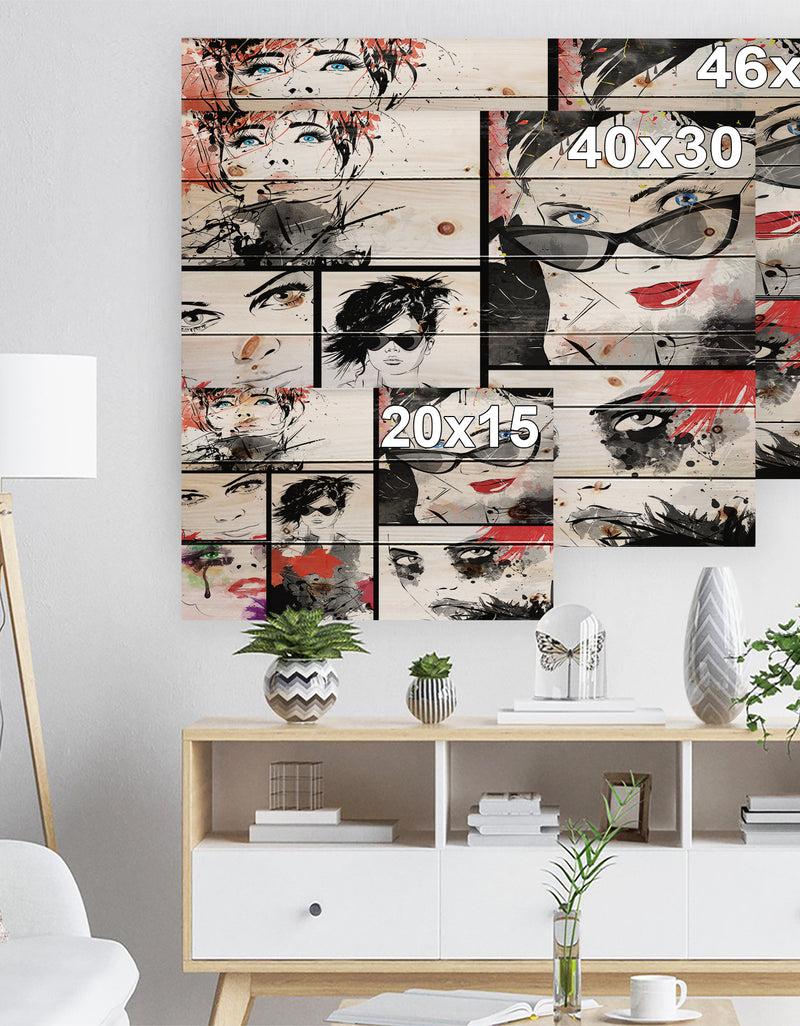 Designq Beautiful Faces Collage - Abstract Portrait Print On Natural Pine Wood